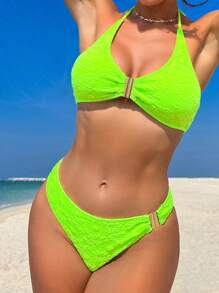 SHEIN Swim 荧光绿两件套比基尼套装狂欢夏日海滩 - 綠色 - 查看 7