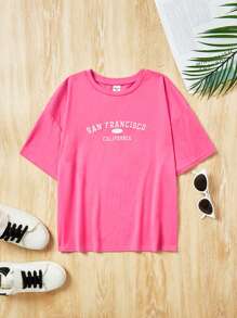 SHEIN Tricou casual cu mânecă scurtă, cu litere brodate, tricotat Tween Girl