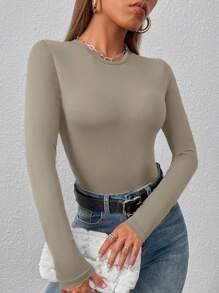SHEIN PETITE 女款圓領長袖T恤連身衣，適合嬌小女性 - 軍綠色 - 查看 5