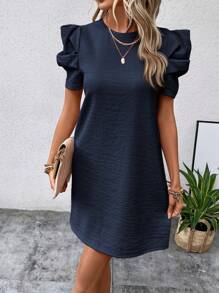 SHEIN Clasi Women's Puff Short Sleeve Round Neck Dress - Navy Blue - View 6