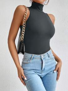 SHEIN Essnce Cổ cao Không tay Áo liền quần chặt - Màu xám đen - Xem 1