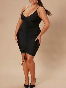 Plus Size Drawstring Front Cami Dress - Dark Grey - View 1