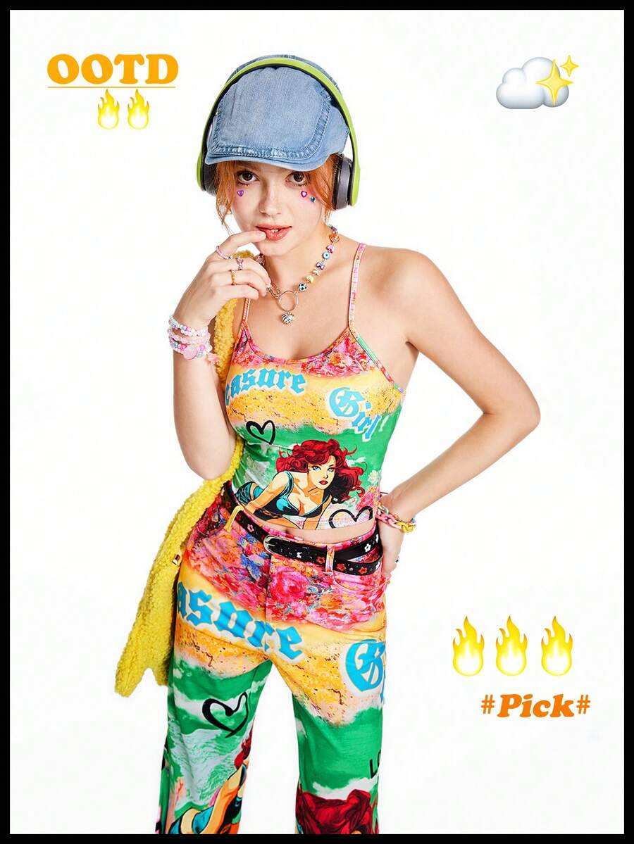 SHEINNeu Kidcore 多巴胺卡通圖案人物印花與油畫復古印花女用吊帶上衣 - 彩色 - 查看 1