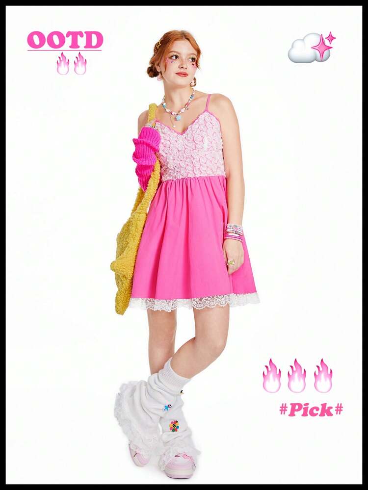 Kidcore Dopamine Contrast Lace Pink Cami Dress