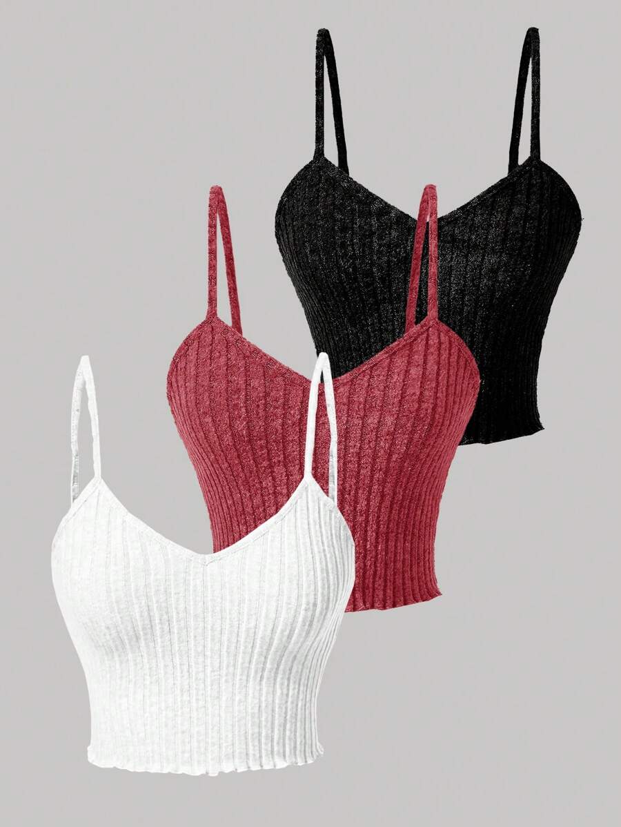 Chiquease Ribbed Knit Solid Color Camisole With Sweetheart Collar For Summer