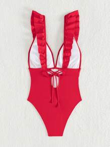 SHEIN Swim Traje De Baño De Una Pieza Para Mujeres Con Cuello En V Y Adornos De Volantes - Rojo - Ver 8
