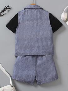 SHEIN Colete de jeans e shorts com efeito denim e conjunto de camiseta de manga curta com pescoço redondo para menino jovem