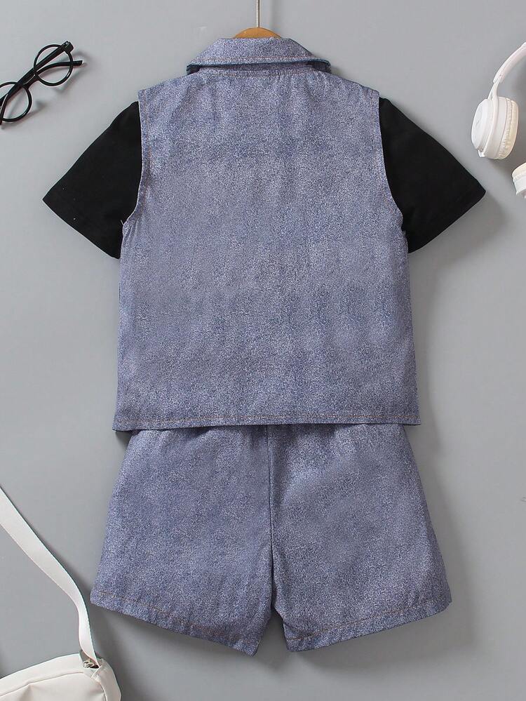 Young Boy Denim Effect Vest Shorts And Round Neck Pullover Short-Sleeved T-Shirt Set