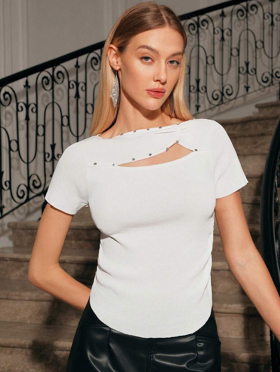 SHEIN Unity Dệt kim Tay áo dài Áo Với Pha lê & Xu hướng: Cắt giảm Chi tiết - Màu be - Xem 1