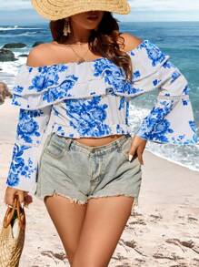 SHEIN Clasi Women's Plus Size Off Shoulder Flare Sleeve Shirt Fall Cloth For Women - Multicolor - View 1