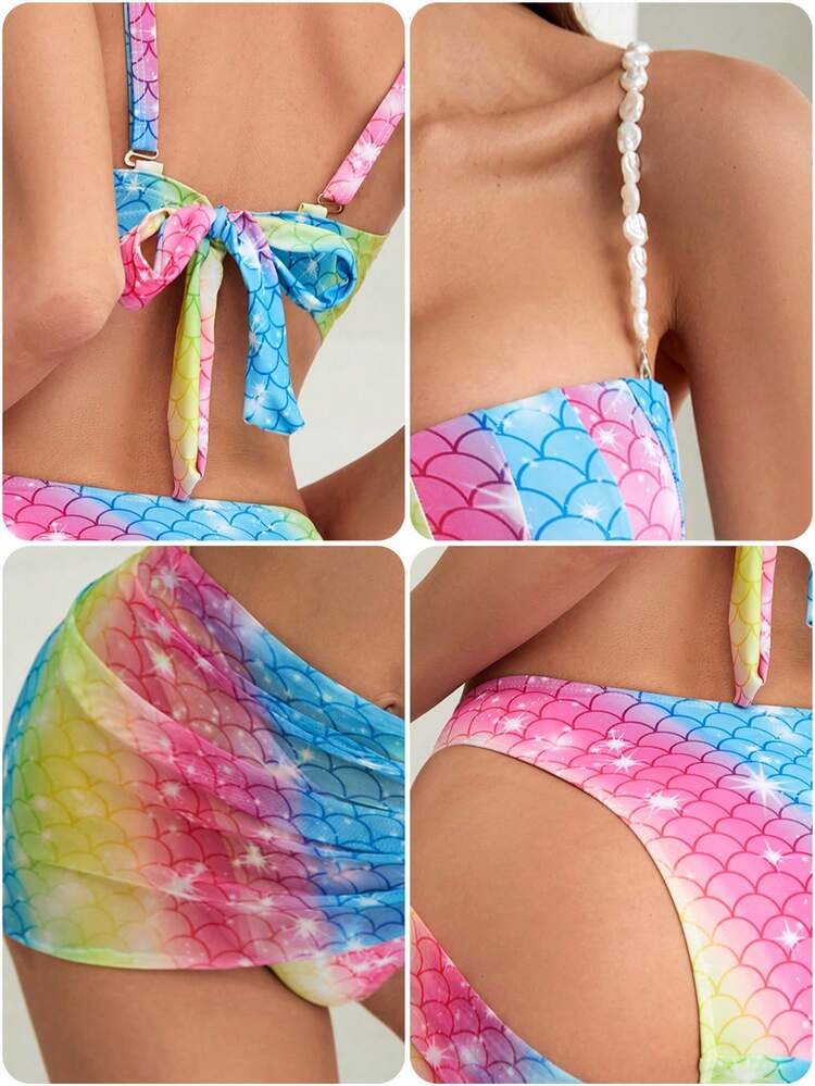 Women'S Contrast Color Fish Scale Printed Swimwear Set Carnival Summer