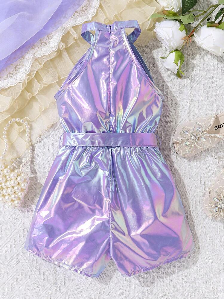 SHEIN Young Girl Casual Colorful Laser-Reflective Halter Romper - Purple - View 2