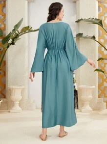 Al Najma Embroidery Patchwork Fringe Decor Flare Sleeve Dress - Green - View 2