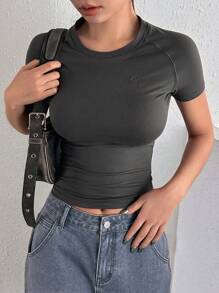 DAZY Women's Round Neck Raglan Short Sleeve T-Shirt - Dark Grey - View 1