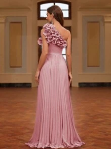 SHEIN Belle Váy dạ hội cho quý cô dự tiệc tối, thiết kế xếp ly một bên vai, váy dự tiệc cưới trang nhã đính hoa 3D thủ công, dự tiệc tốt nghiệp, tiệc tối - Bụi hồng - Xem 2