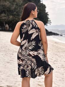 SHEIN VCAY Plus Size Boho Plant Print Halter Neck Summer Dress