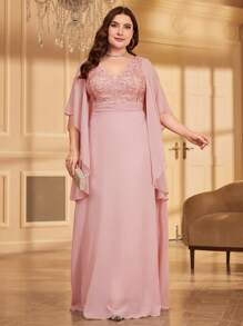 UNITHORSE 大码【非定位花】刺绣雪纺V领荷叶边下摆时尚连衣裙宴会礼服婚礼宾客礼服正式礼服晚礼服 - 粉色 - 查看 6