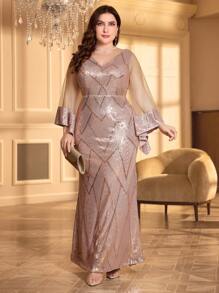 Váy dự tiệc Maxi sequin lưới tương phản dài tay cỡ lớn cho nữ, Váy cô dâu, Trang phục sinh nhật cho phụ nữ, Váy tốt nghiệp, Váy trang trọng - Hồng - Xem 1