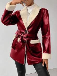 Chiquease Women's Button Front Collar With Lined Fleece Jacket - Burgundy - View 1