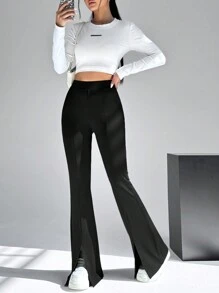 SHEIN EZwear 女士開叉喇叭褲 - 黑色 - 查看 4