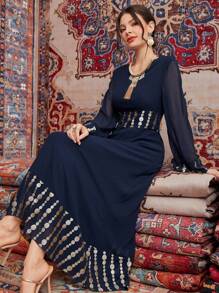 Al Najma Của phụ nữ Tay áo dài Lưới Đầm Với In Hình học Và Gold Foil Chi tiết - Màu xanh hải quân - Xem 2