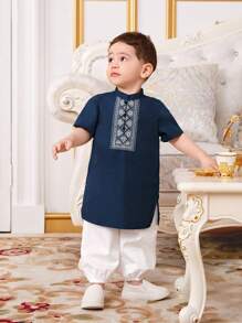 SHEIN Leap Crew 嬰兒男孩幾何圖案短袖長衫配褲裝套裝