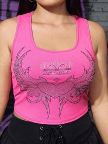 ROMWE Grunge Punk Plus Size Y2k Millennium Pink Valentine's Day Rhinestone Embellished Short Tight Tank Top For Summer - Pink - View 6