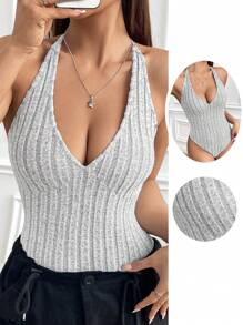 SHEIN EZwear Grey Knitted Bodysuit With Ribbed Texture And Halter Neck - Grey - View 3
