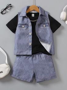 SHEIN Colete de jeans e shorts com efeito denim e conjunto de camiseta de manga curta com pescoço redondo para menino jovem