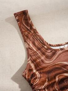 SHEIN EZwear Của phụ nữ In Đá cẩm thạch Dệt kim Dây rút Váy không tay - màu nâu - Xem 3