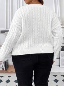 Flirla Women'S Plus Size V-Neck Solid Color Cable Knitted Drop Shoulder Sweater  Fall Winter Outfit - White - View 2
