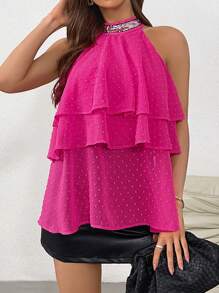 SHEIN Privé Của phụ nữ Nhiều lớp Xù Hoa Sen Halter Neck Áo sơ mi - Màu Hồng Tươi - Xem 4