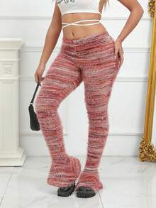 Women's Striped Fuzzy Flare Pants - Red - View 2