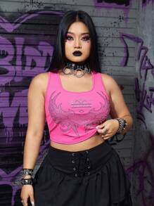 ROMWE Grunge Punk Plus Size Y2k Millennium Pink Valentine's Day Rhinestone Embellished Short Tight Tank Top For Summer - Pink - View 5