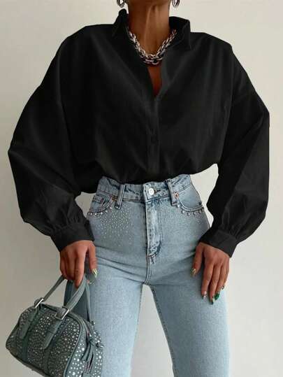 Plus Size Cotton Solid Button Front Drop Shoulder Shirt