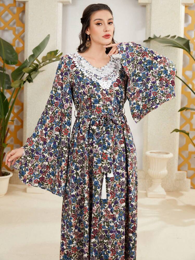 Women's Floral Print Bell Sleeve Arabic Style Dress