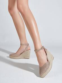 Women's Rose Gold Metallic Glitter Surface Woven Jute Bottom Hollow Out Wedge & Platform Sandals - Rose Gold - View 3