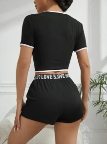 女士邊條短袖上衣和字母貼短褲睡衣套裝 - 黑色 - 查看 2