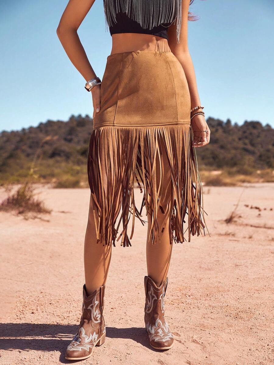 RELISH NOLESS Của phụ nữ Vá lại Fringe Hem Váy - Lạc đà - Xem 1