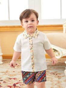 Conjunto De Camisa Y Pantalones Cortos De Manga Corta Con Estampado Para Bebé Niño - Multicolor - Ver 4