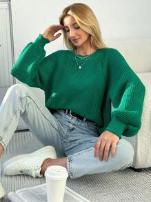 EURMUSE Women's Plus Size Solid Color Raglan Sleeve Sweater Pullover - Green - View 4