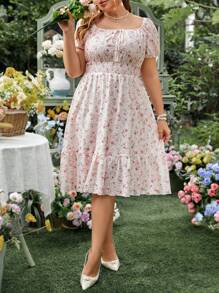 SHEIN Franclia Kích thước lớn Của phụ nữ In hoa Cổ chữ V Váy quấn Với Eo Nếp uốn - Màu Hồng baby - Xem 5