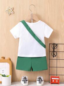 Baby Boy Letter Print Short Sleeve Top + Shorts + Bag 3pcs Outfit Set