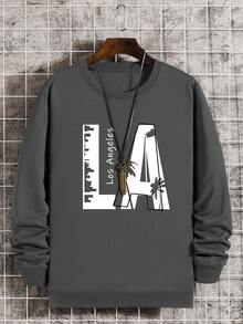 Nam Lá thư In Vòng cổ Áo chui đầu Áo nỉ - Màu xám đen - Xem 4