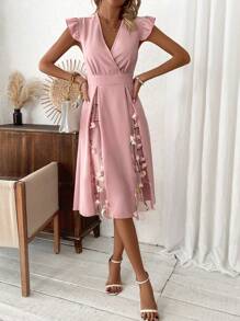 SHEIN Clasi Women's Contrast Mesh Flower Embroidery V-Neck Ruffle Edge Trim Decor Dress - Pink - View 6