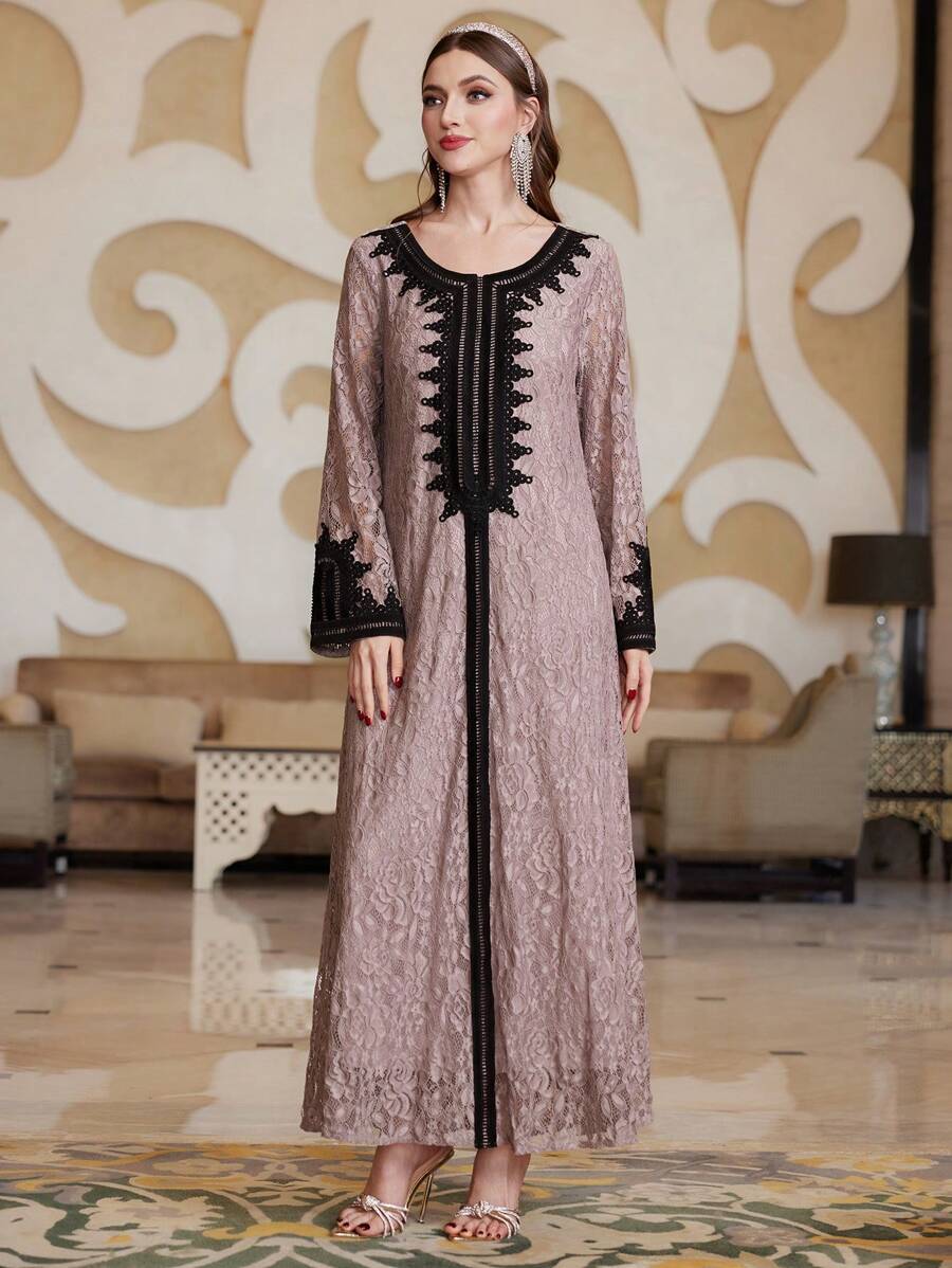 Layrah Váy Jalabiya ren chắp vá theo phong cách Ả Rập dành cho nữ, Váy Eid, Phong cách tiệc tối sang trọng thanh lịch - Hồng - Xem 1
