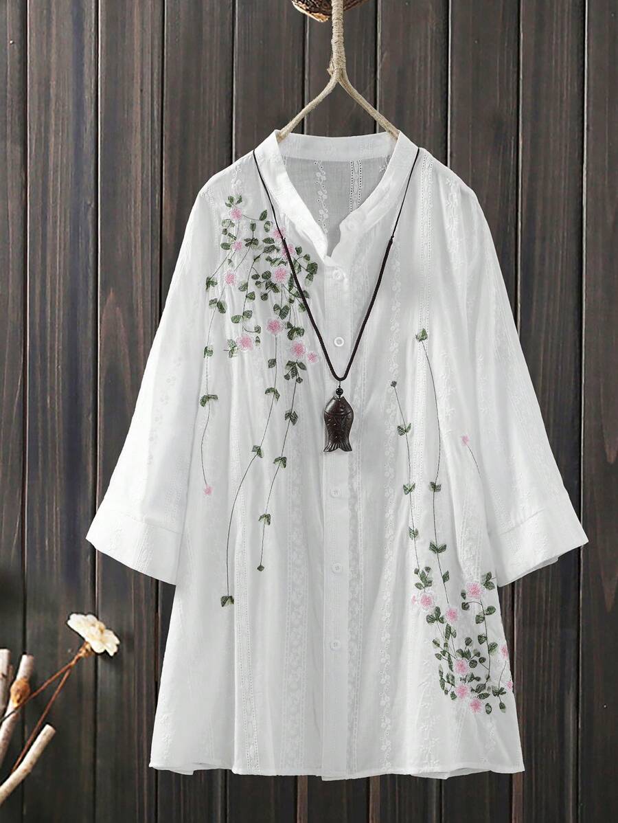 Lacomfia Của phụ nữ Kích thước lớn Thêu hoa Áo sơ mi - trắng - Xem 1