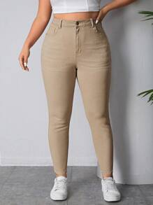 SHEIN ICON 女士大尺碼純色牛仔褲 - 杏色 - 查看 1