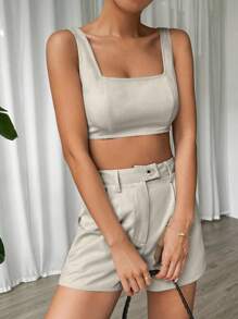 SHEIN EZwear 素色短款背心和褶皺短褲 - 杏色 - 查看 3