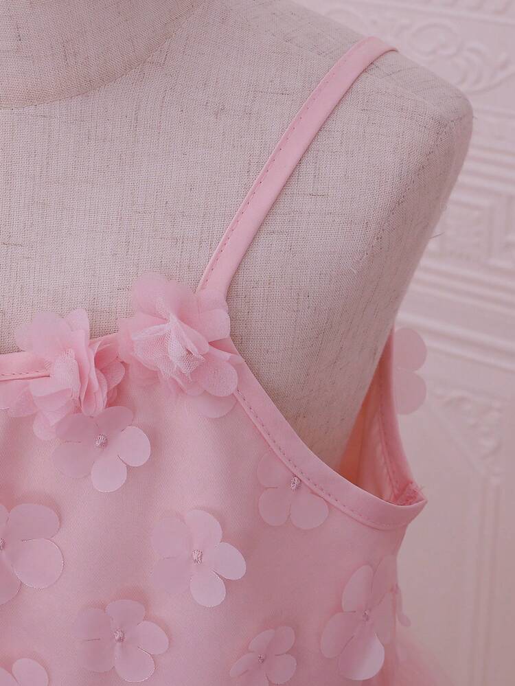 Tween Girls' Elegant Floral Mesh Spaghetti Strap Dress In Pink, Summer